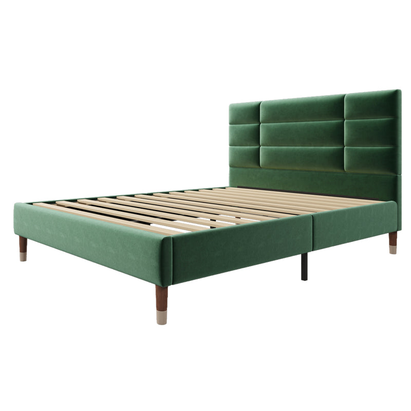 Lit double tête de lit en velours vert foncé avec sommier à lattes 140x200cm (matelas non inclus) QHAELXIDS GREEN