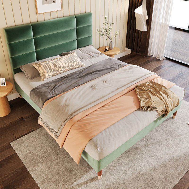 Lit double tête de lit en velours vert foncé avec sommier à lattes 140x200cm (matelas non inclus) QHAELXIDS GREEN