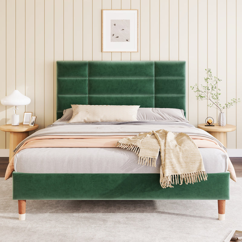 Lit double tête de lit en velours vert foncé avec sommier à lattes 140x200cm (matelas non inclus) QHAELXIDS GREEN