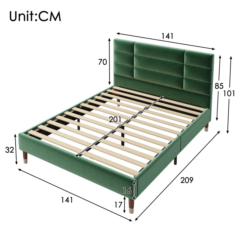 Lit double tête de lit en velours vert foncé avec sommier à lattes 140x200cm (matelas non inclus) QHAELXIDS GREEN