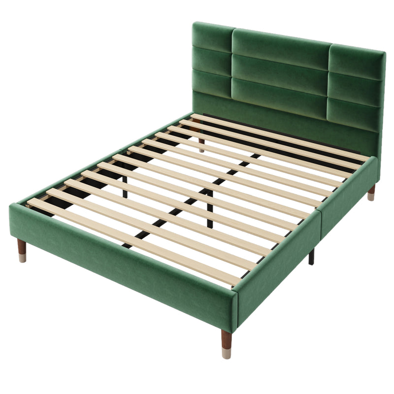 Lit double tête de lit en velours vert foncé avec sommier à lattes 140x200cm (matelas non inclus) QHAELXIDS GREEN