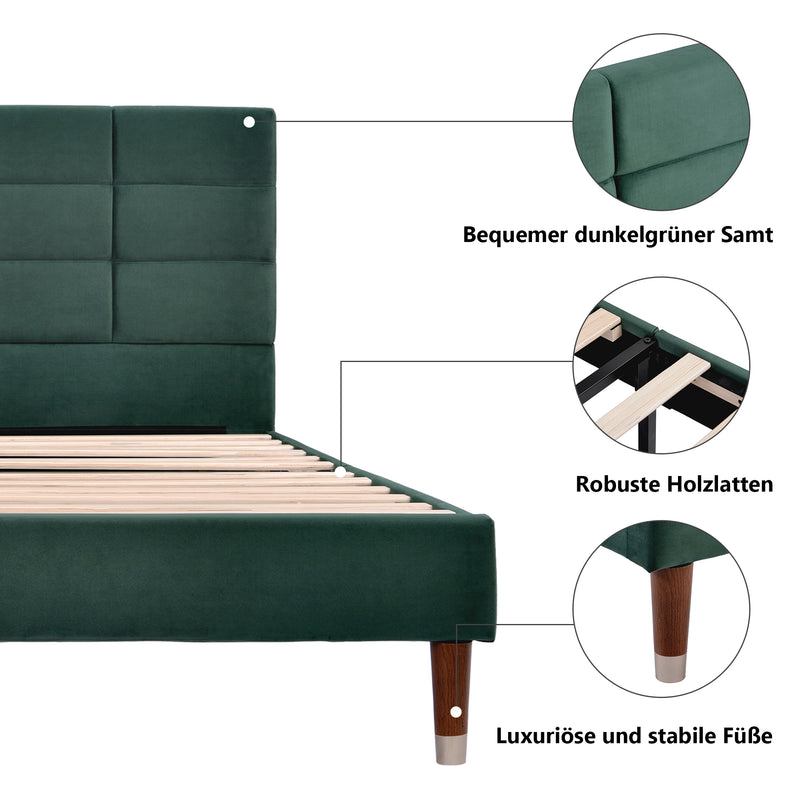 Lit double tête de lit en velours vert foncé avec sommier à lattes 140x200cm (matelas non inclus) QHAELXIDS GREEN