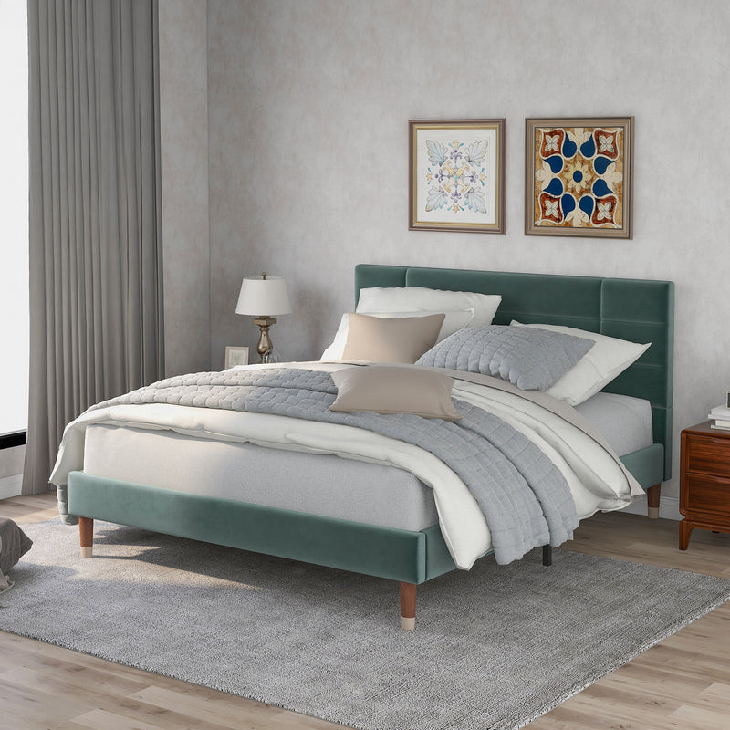 Lit double tête de lit en velours vert foncé avec sommier à lattes 140x200cm (matelas non inclus) QHAELXIDS GREEN