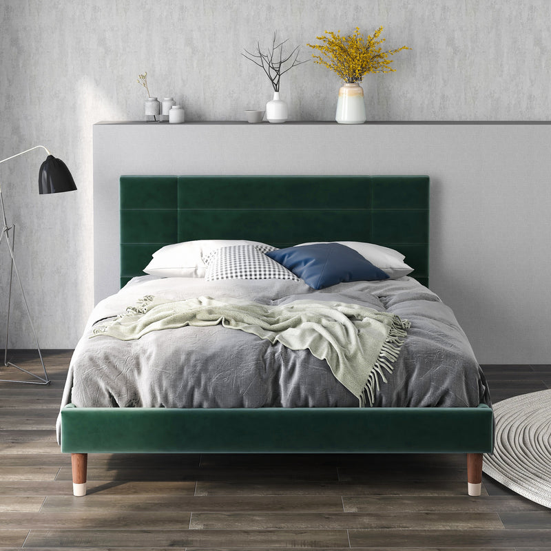 Lit double tête de lit en velours vert foncé avec sommier à lattes 140x200cm (matelas non inclus) QHAELXIDS GREEN