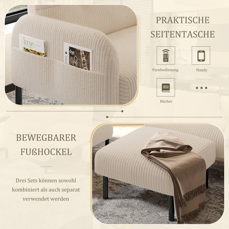 Ensemble salon 3 pièces velours côtelé beige : canapé 2 places, fauteuil et pouf FERNBROOK SET