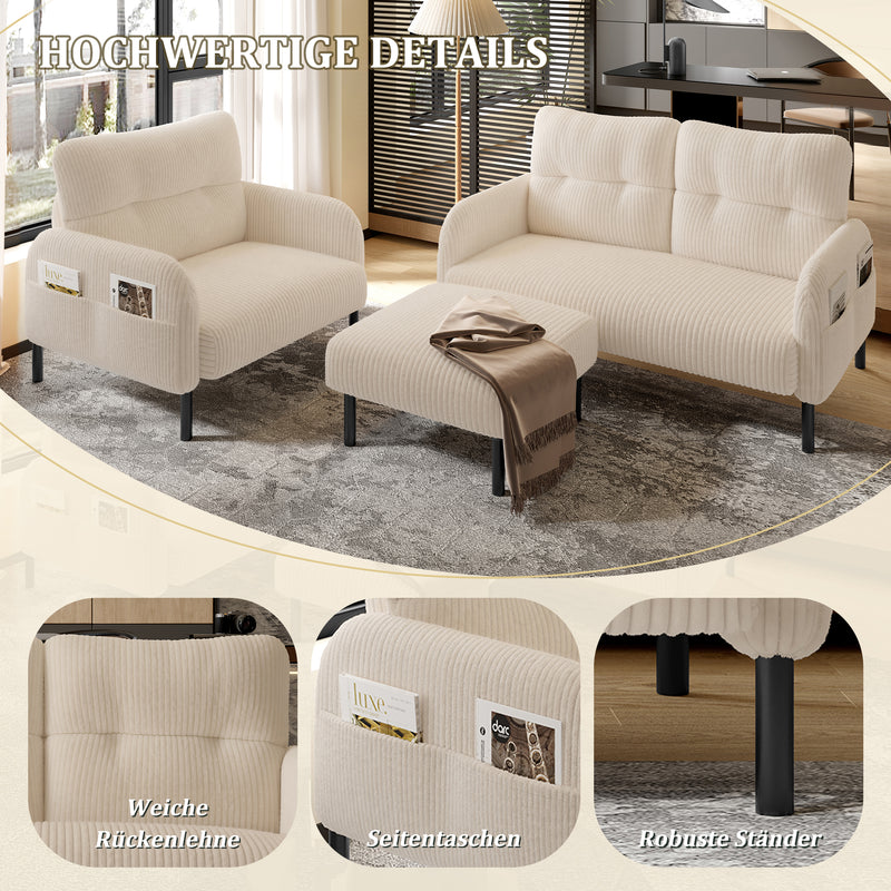 Ensemble salon 3 pièces velours côtelé beige : canapé 2 places, fauteuil et pouf FERNBROOK SET