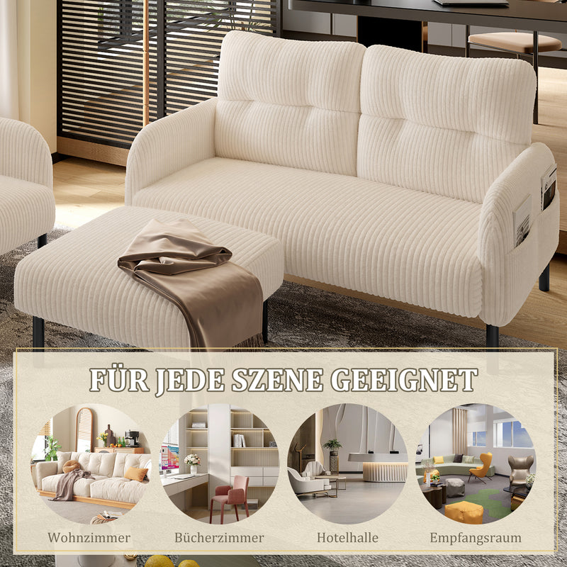 Ensemble salon 3 pièces velours côtelé beige : canapé 2 places, fauteuil et pouf FERNBROOK SET
