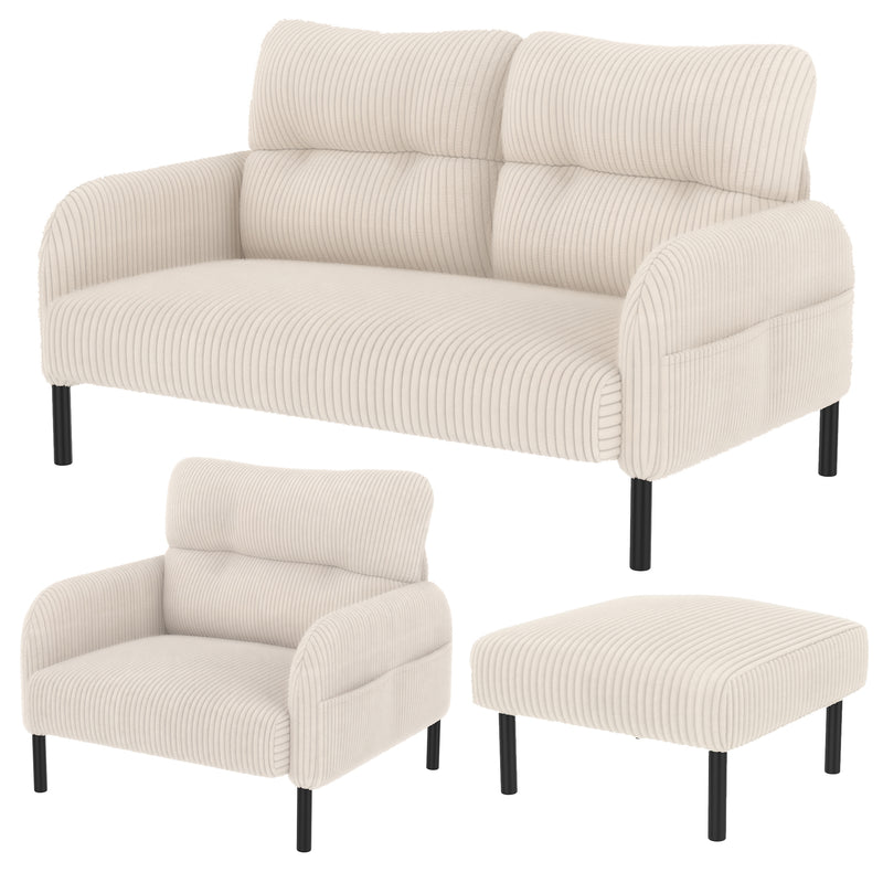 Ensemble salon 3 pièces velours côtelé beige : canapé 2 places, fauteuil et pouf FERNBROOK SET