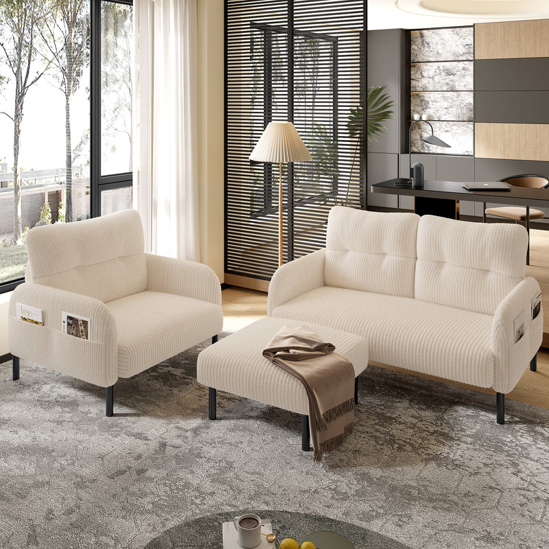 Ensemble salon 3 pièces velours côtelé beige : canapé 2 places, fauteuil et pouf FERNBROOK SET