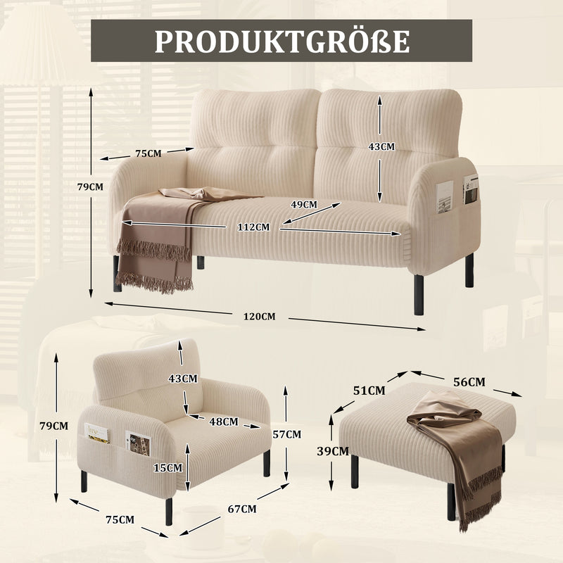 Ensemble salon 3 pièces velours côtelé beige : canapé 2 places, fauteuil et pouf FERNBROOK SET