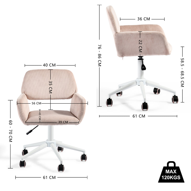 Chaise de bureau en velours côtelé rose, réglable en hauteur, rotation à 360° ROSS KD CORDUROY PINK WHITE LEG