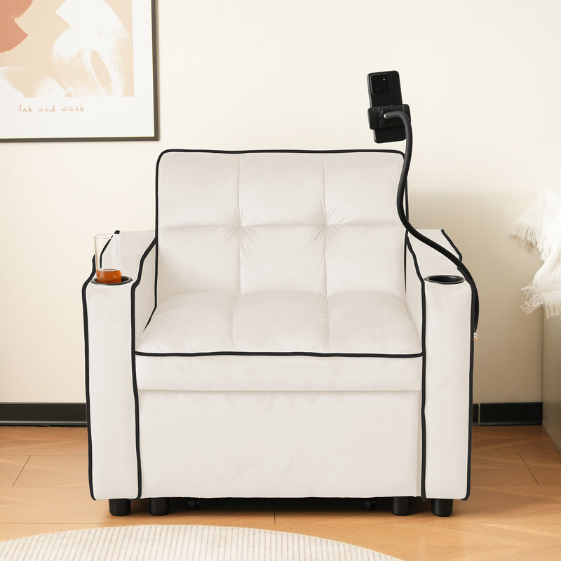 Fauteuil relax manuel convertible 3-en-1 beige velours support téléphone RAINGET