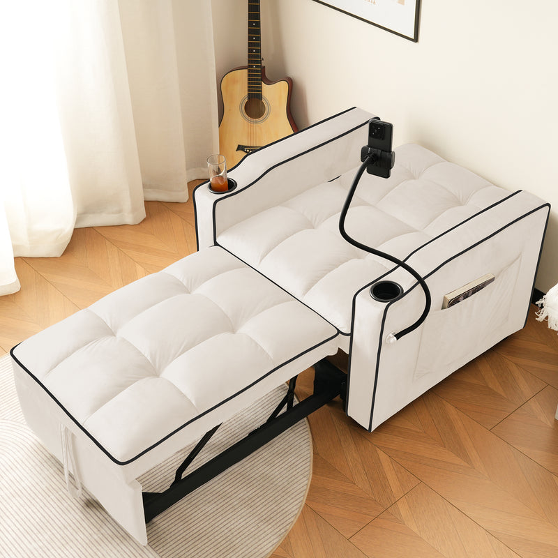 Fauteuil relax manuel convertible 3-en-1 beige velours support téléphone RAINGET