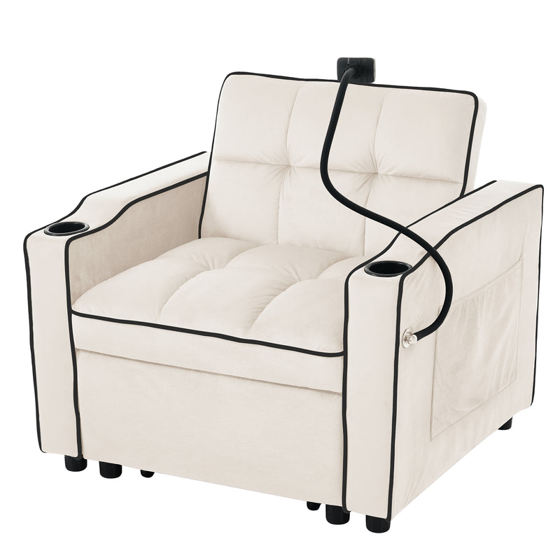 Fauteuil relax manuel convertible 3-en-1 beige velours support téléphone RAINGET