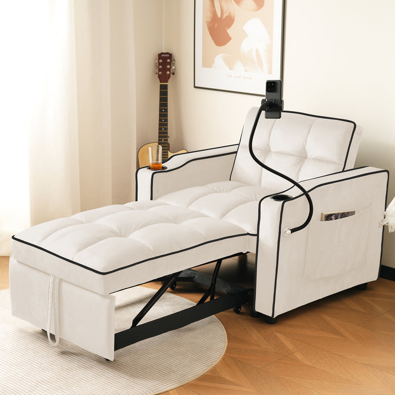 Fauteuil relax manuel convertible 3-en-1 beige velours support téléphone RAINGET