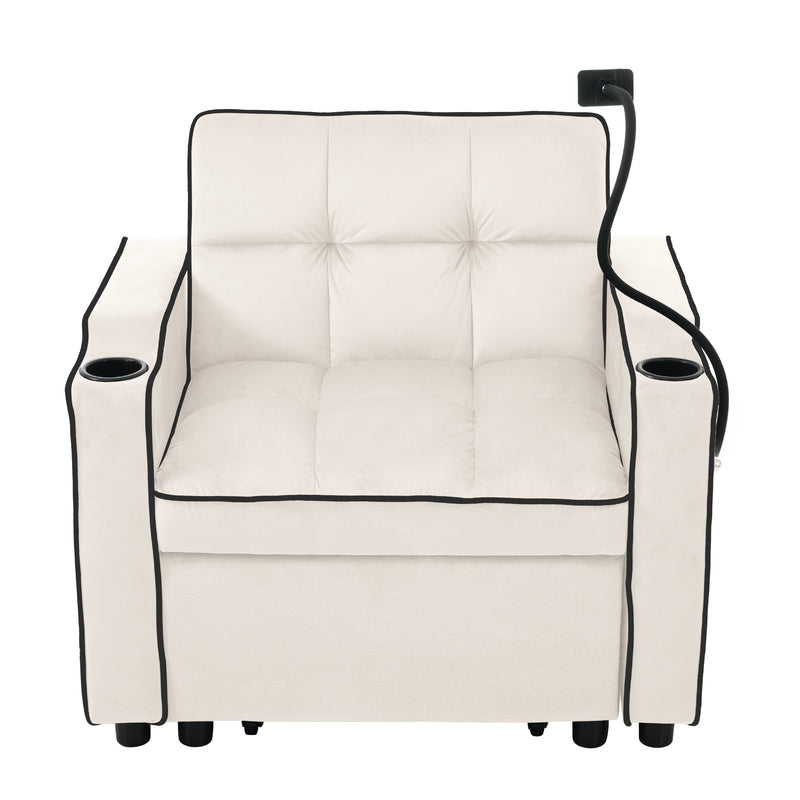 Fauteuil relax manuel convertible 3-en-1 beige velours support téléphone RAINGET