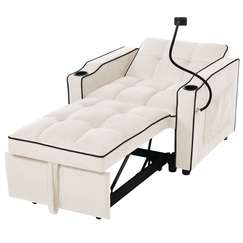 Fauteuil relax manuel convertible 3-en-1 beige velours support téléphone RAINGET