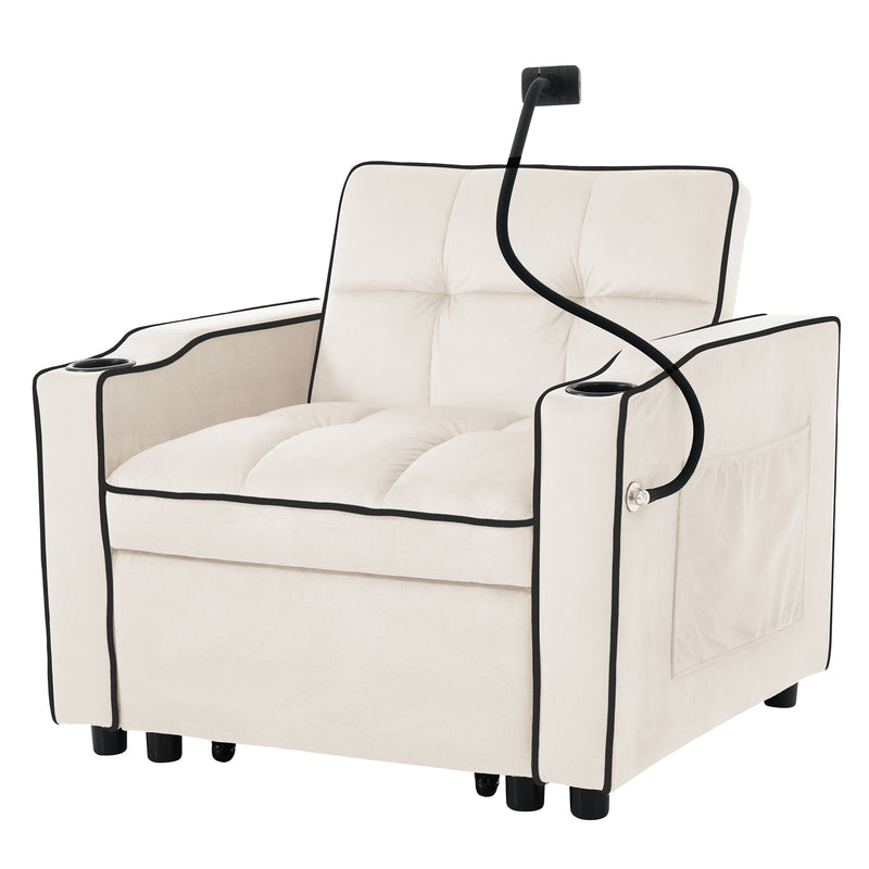 Fauteuil relax manuel convertible 3-en-1 beige velours support téléphone RAINGET