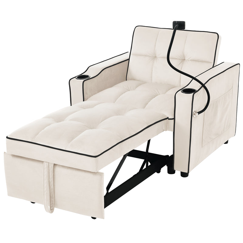 Fauteuil relax manuel convertible 3-en-1 beige velours support téléphone RAINGET