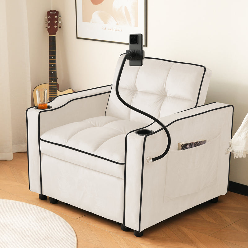 Fauteuil relax manuel convertible 3-en-1 beige velours support téléphone RAINGET