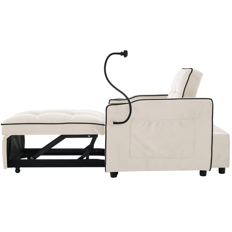 Fauteuil relax manuel convertible 3-en-1 beige velours support téléphone RAINGET