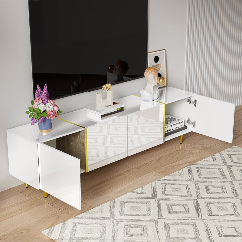 Meuble TV blanc laqué acents dorés, 4 portes RALKILL