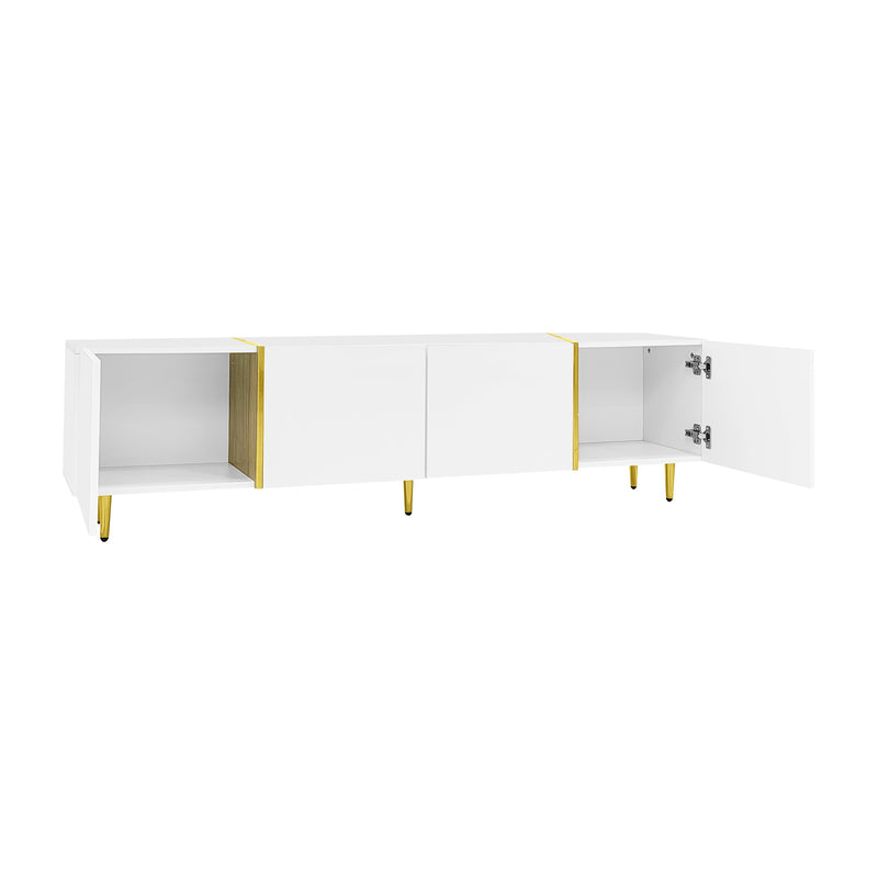 Meuble TV blanc laqué acents dorés, 4 portes RALKILL