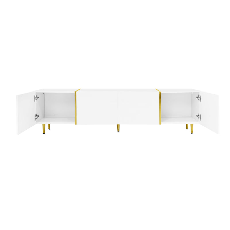 Meuble TV blanc laqué acents dorés, 4 portes RALKILL