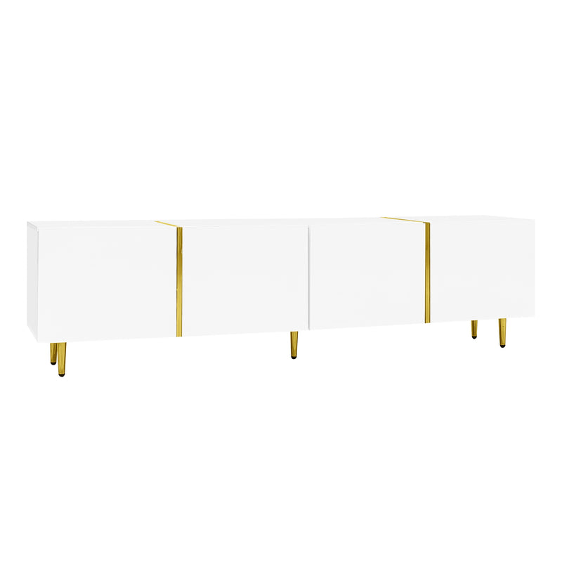 Meuble TV blanc laqué acents dorés, 4 portes RALKILL