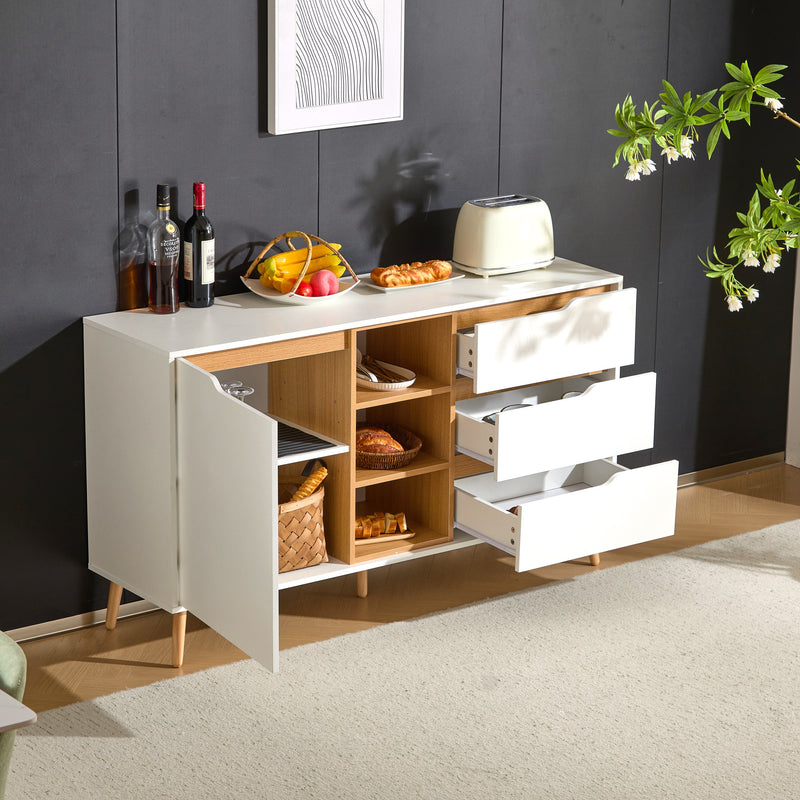 Buffet blanc moderne avec 5 étagères 3 tiroirs et une porte 140x40x80,5cm RASET