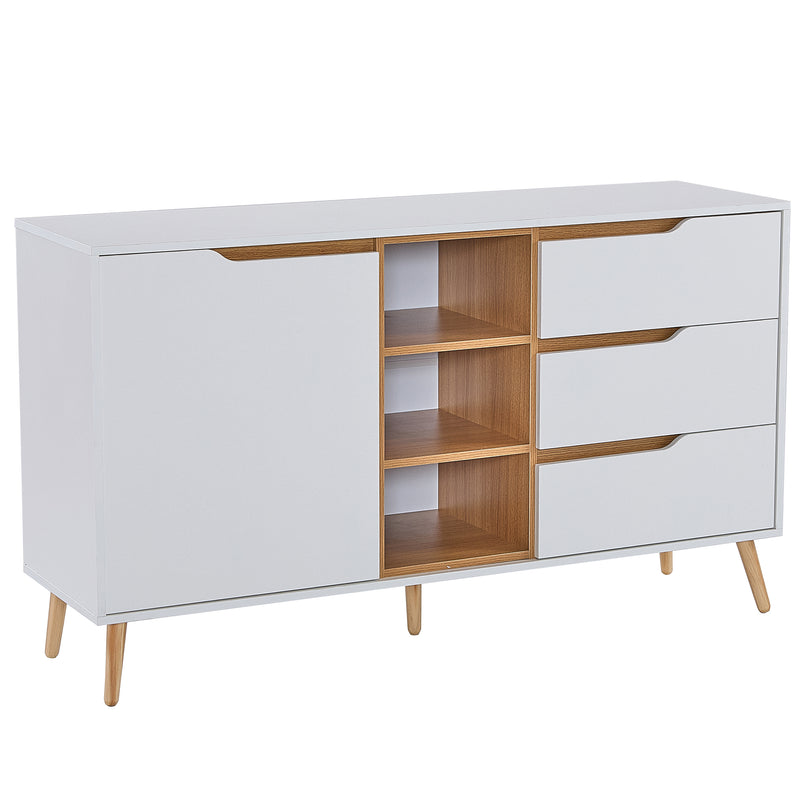 Buffet blanc moderne avec 5 étagères 3 tiroirs et une porte 140x40x80,5cm RASET