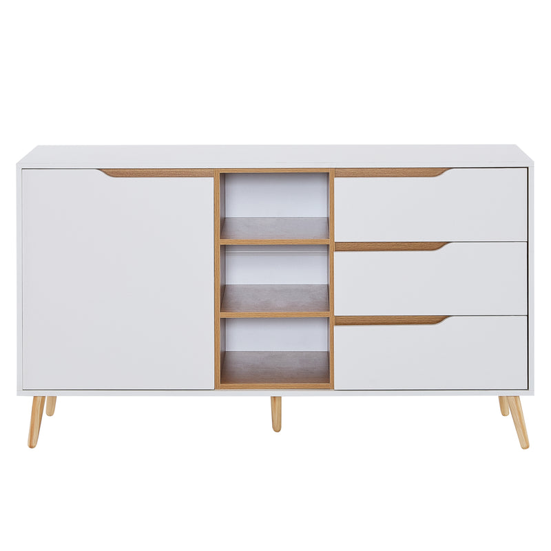 Buffet blanc moderne avec 5 étagères 3 tiroirs et une porte 140x40x80,5cm RASET