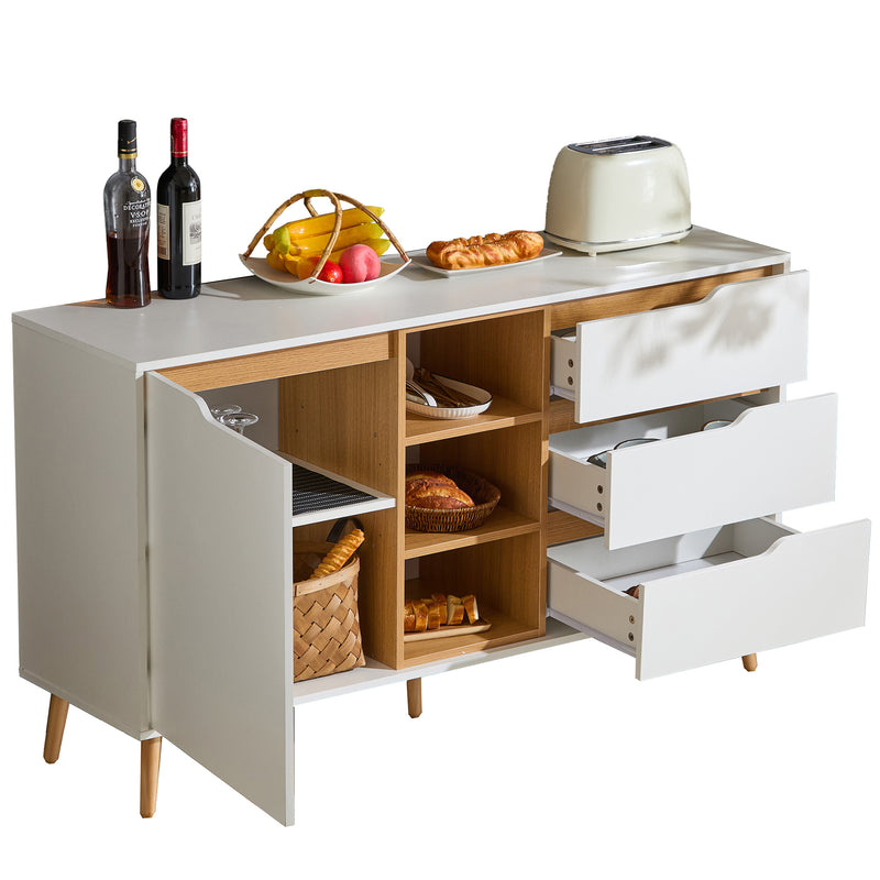 Buffet blanc moderne avec 5 étagères 3 tiroirs et une porte 140x40x80,5cm RASET