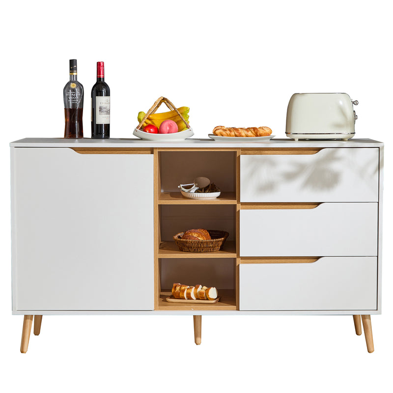 Buffet blanc moderne avec 5 étagères 3 tiroirs et une porte 140x40x80,5cm RASET