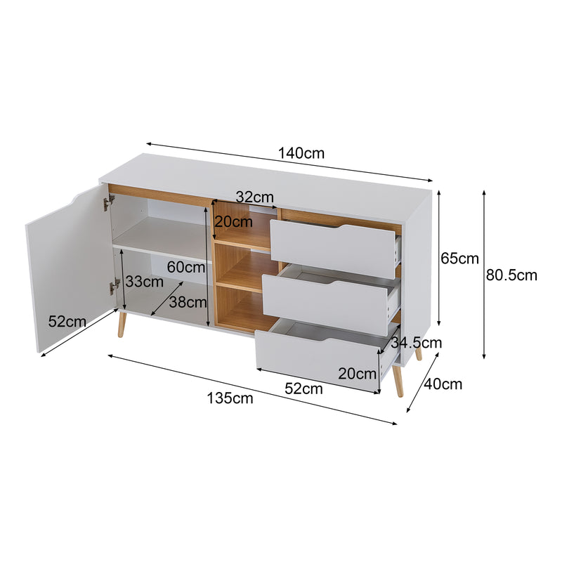 Buffet blanc moderne avec 5 étagères 3 tiroirs et une porte 140x40x80,5cm RASET