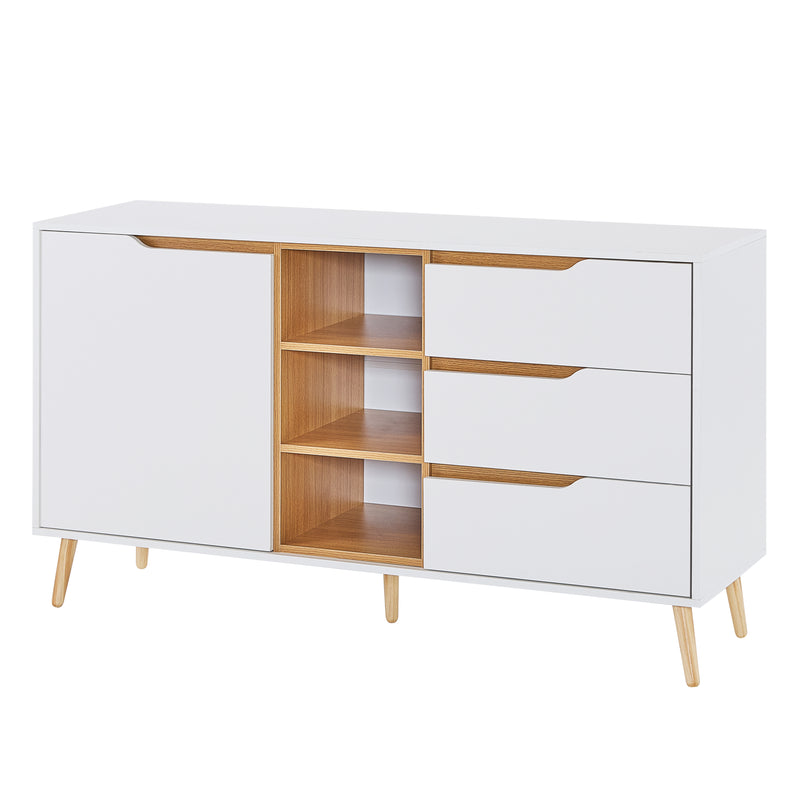 Buffet blanc moderne avec 5 étagères 3 tiroirs et une porte 140x40x80,5cm RASET