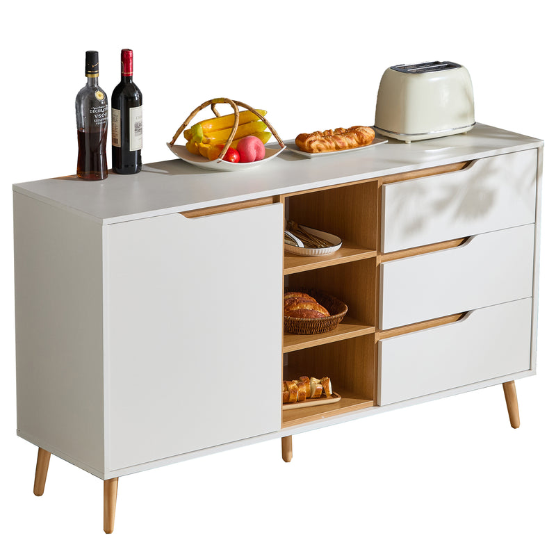 Buffet blanc moderne avec 5 étagères 3 tiroirs et une porte 140x40x80,5cm RASET