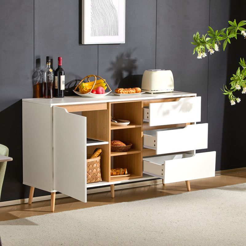 Buffet blanc moderne avec 5 étagères 3 tiroirs et une porte 140x40x80,5cm RASET