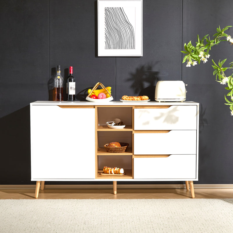 Buffet blanc moderne avec 5 étagères 3 tiroirs et une porte 140x40x80,5cm RASET