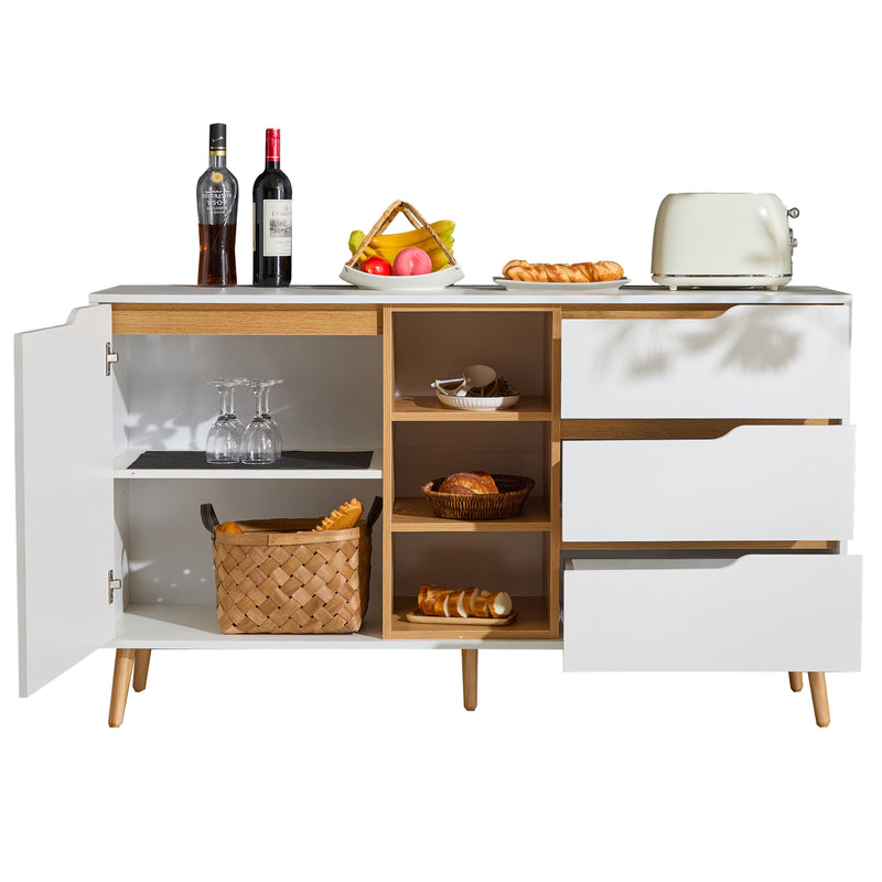 Buffet blanc moderne avec 5 étagères 3 tiroirs et une porte 140x40x80,5cm RASET