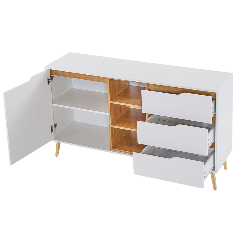 Buffet blanc moderne avec 5 étagères 3 tiroirs et une porte 140x40x80,5cm RASET