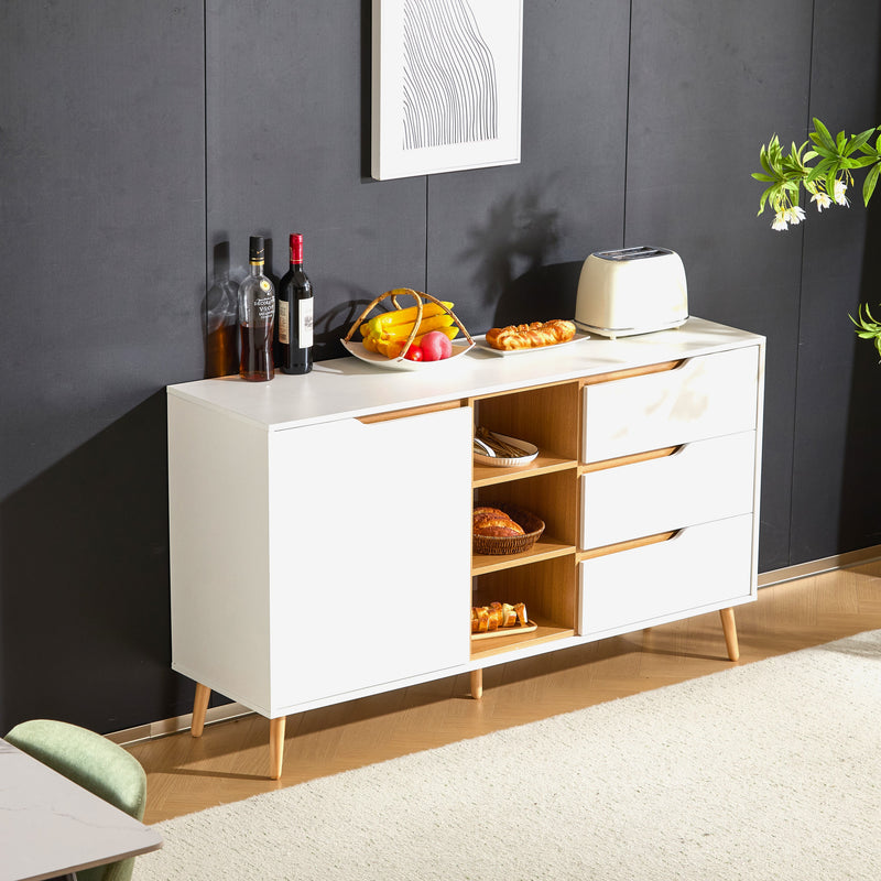 Buffet blanc moderne avec 5 étagères 3 tiroirs et une porte 140x40x80,5cm RASET