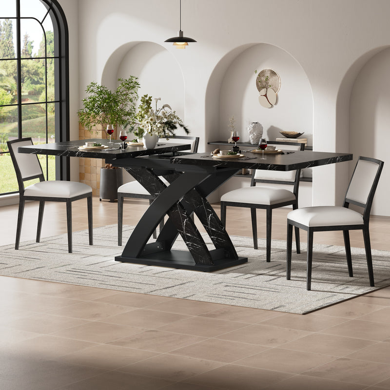 Table à manger extensible effet marbre noire 120-160cm pieds croisés RAYSTREAK