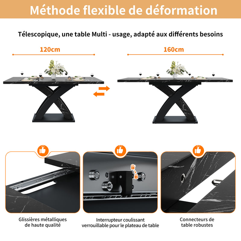Table à manger extensible effet marbre noire 120-160cm pieds croisés RAYSTREAK
