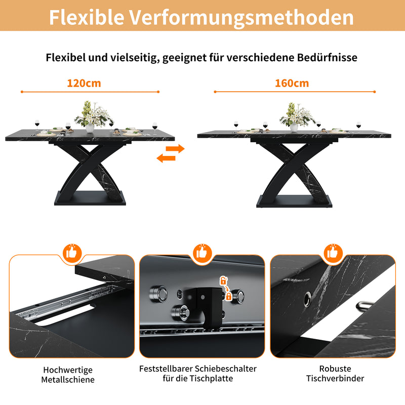 Table à manger extensible effet marbre noire 120-160cm pieds croisés RAYSTREAK