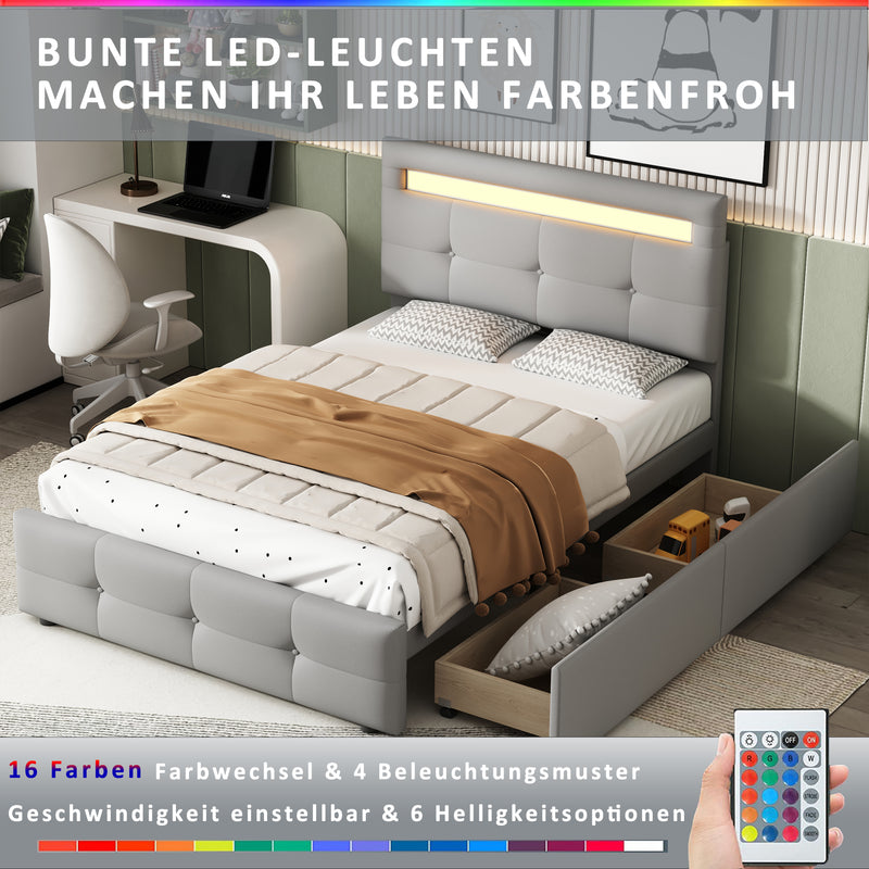 Lit simple capitonnée gris éclairage LED et 2 tiroirs de rangement 90x200 cm (matelas non inclus) REFORESTAT