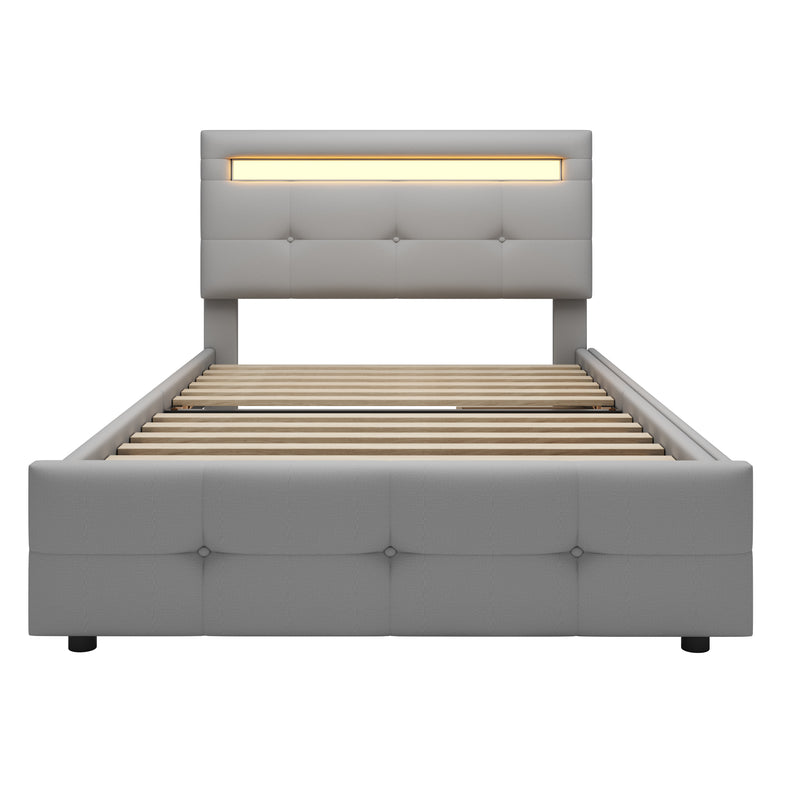 Lit simple capitonnée gris éclairage LED et 2 tiroirs de rangement 90x200 cm (matelas non inclus) REFORESTAT