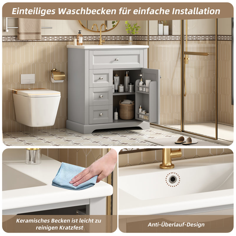 Meuble vasque gris sur pied, vasque en céramique intégrée, tiroirs à fermeture amortie et rangement (robinet non inclus) REPLICAT