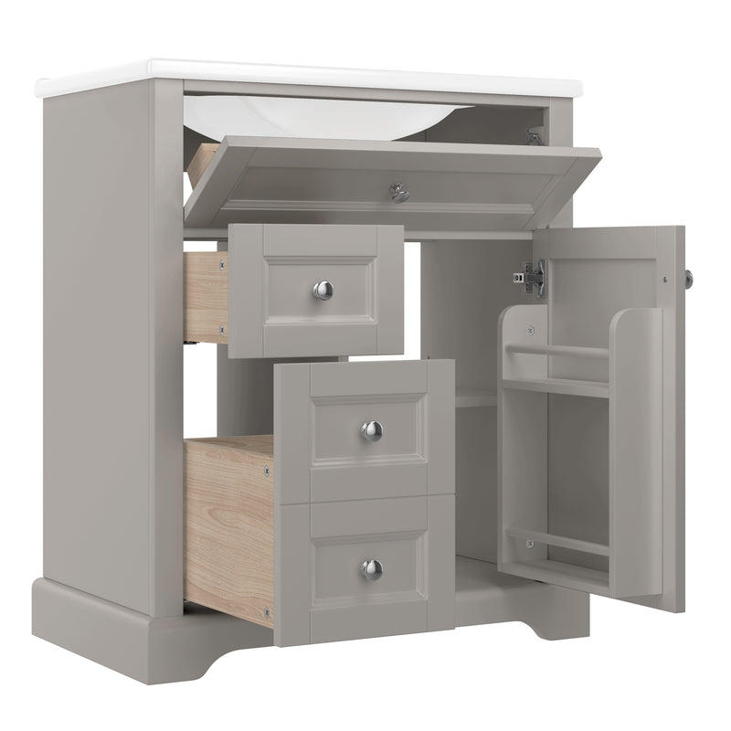 Meuble vasque gris sur pied, vasque en céramique intégrée, tiroirs à fermeture amortie et rangement (robinet non inclus) REPLICAT