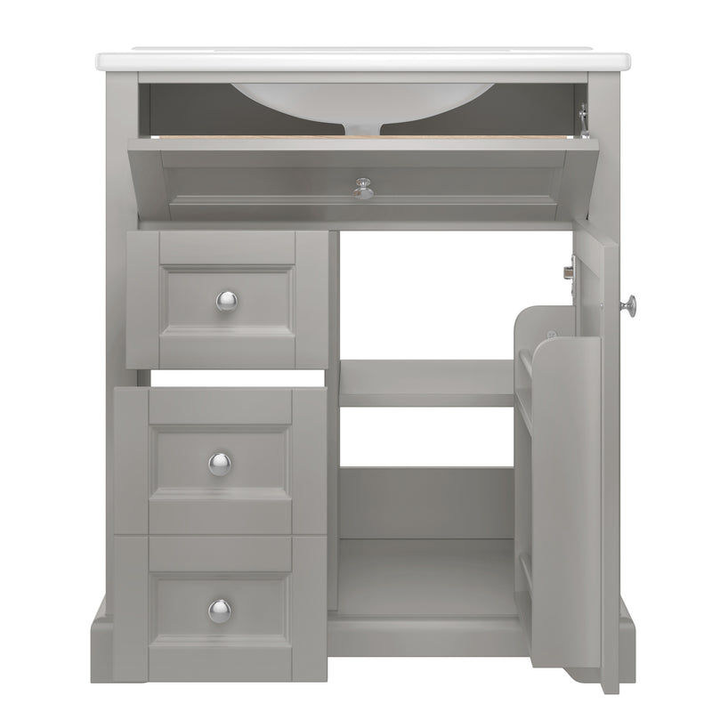 Meuble vasque gris sur pied, vasque en céramique intégrée, tiroirs à fermeture amortie et rangement (robinet non inclus) REPLICAT